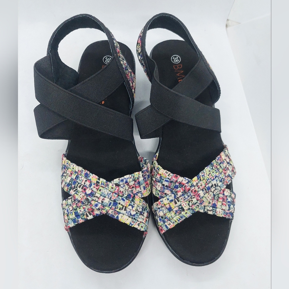 Bernie Mev Hallie Black Multicolor Wedge Open Toe Sandals Womens Size 38 US 7